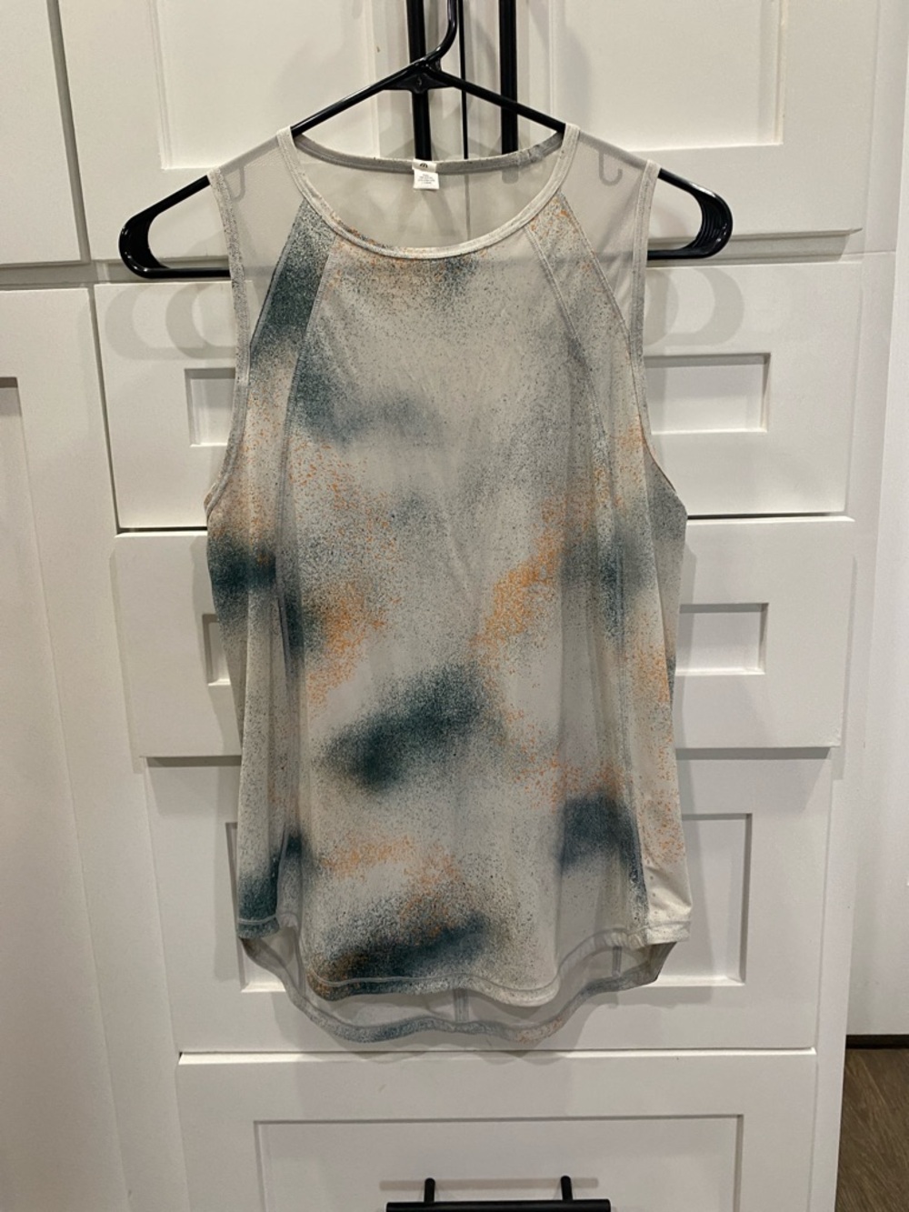 Women’s Sleeveless Mesh Overlay Tank Top in White with Green & Tan Print